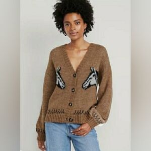 NWT Old Navy Brown Button-Up Sweater with Horse Print Size Small